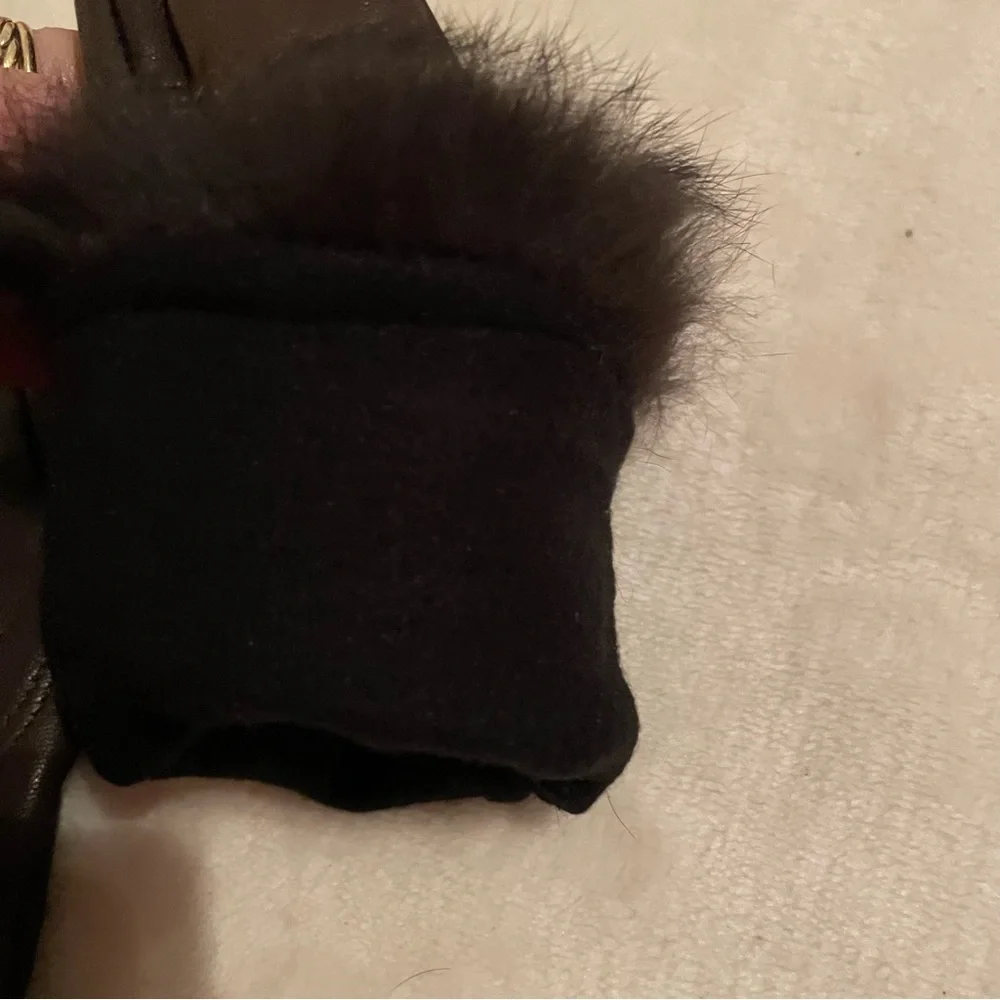 Leather and Fur Trimmed Gloves Small Dark Brown Winter